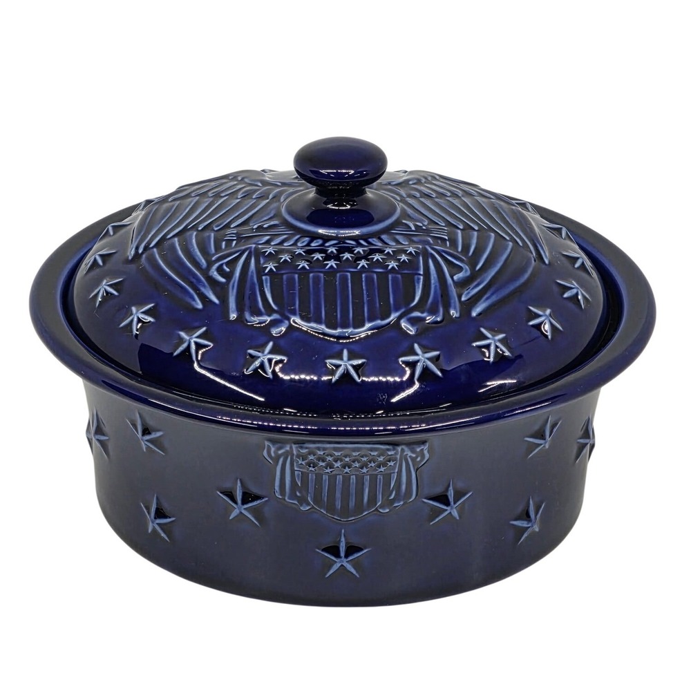 Longaberger American Eagle Casserole Dish Cobalt Blue Ceramic 1.5 QT Covered Pot